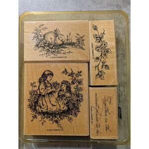 Vintage Stampin Up Little Girls Garden 4 Piece Set 2002 Bunny Rabbit Flowers